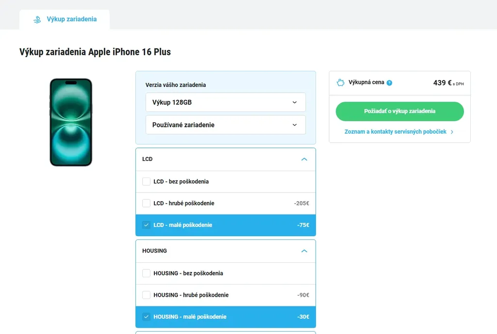 Vzor pre výkup iphonov. Online výkupný formulár pre Apple iPhone 16 Plus so zobrazenou odhadovanou cenou a možnosťou výberu poškodení.